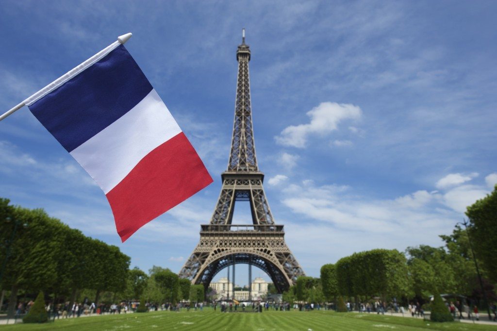 Eiffel Tower with French Flag Summer Sky